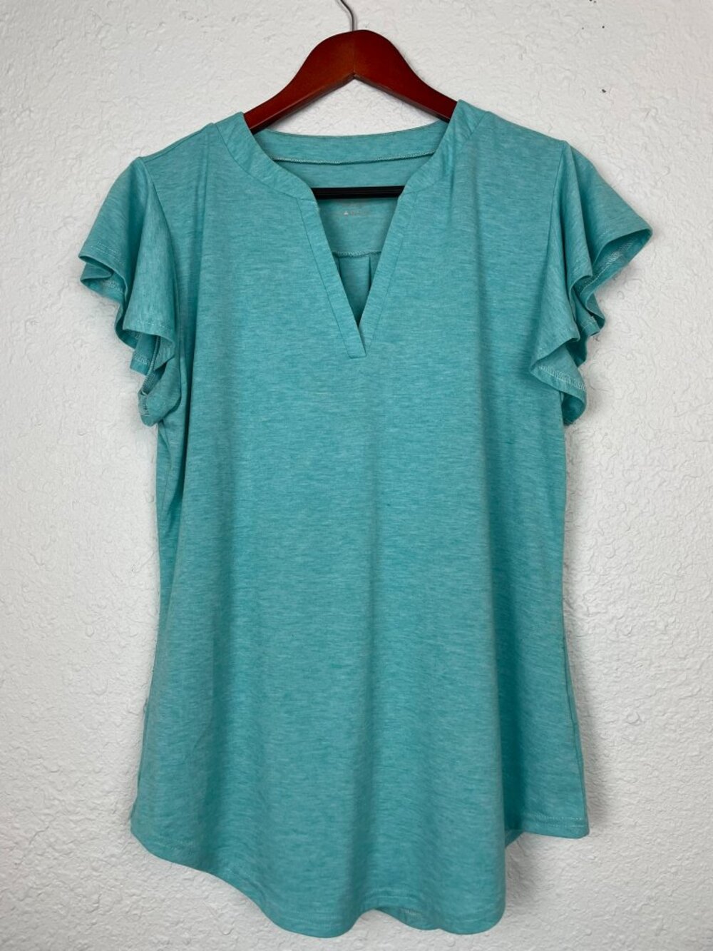 Womens XL Turquoise Flutter Sleeve Tunic Top Split Neck Heathered Knit Shirt 203